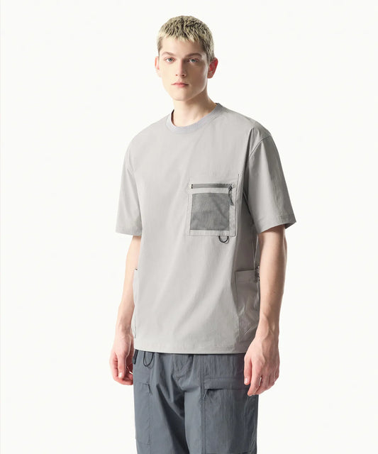 [City Leisure] Utility Mesh Pocket Woven T-shirt [Light Gray]