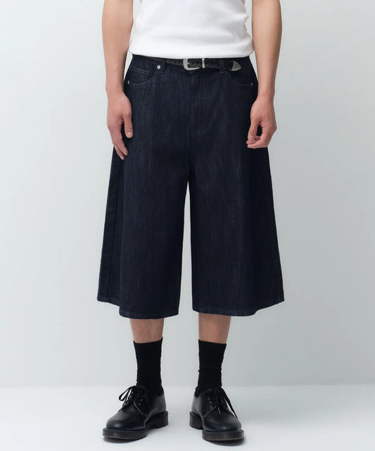 Linen Like Long Bermuda Denim Pants [Deep Indigo]