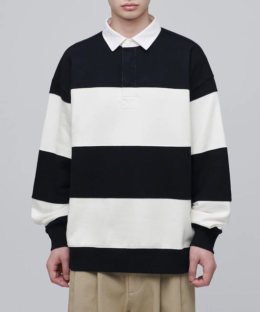 Oversized Stripe Rugby Sweat Shirt [Black & Cream]
