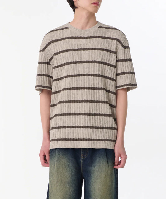 Relaxed crocheted striped knit shirt [Beige&Brown]