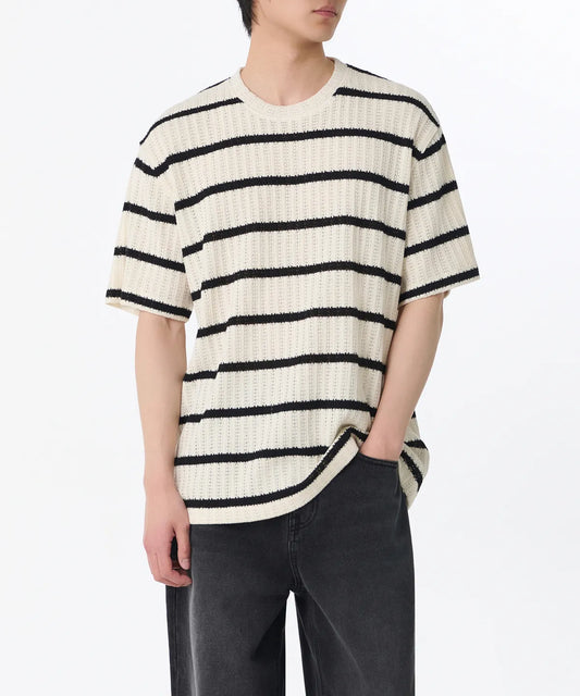 Relaxed crocheted striped knitwear T-shirt [Ivory&Black]