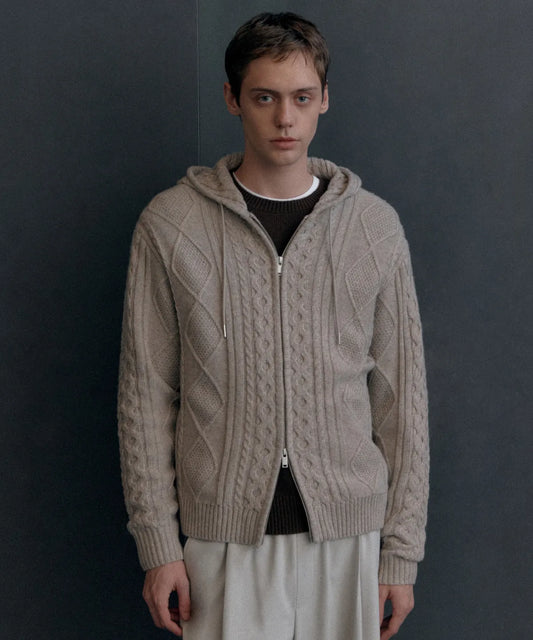 Aran Cable Knit Hooded Zip-Up [Oatmeal]