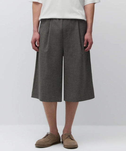 Crinkle Linen Like Banding Bermuda Pants [Khaki Gray]