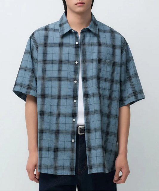 Relaxed Cold Shirt Ombre Checkered Short-sleeved Shirt [Pikok Blue&Black]