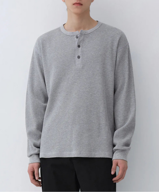 Waffle Henry Neck Long-Sleeved T-Shirt [medium gray]