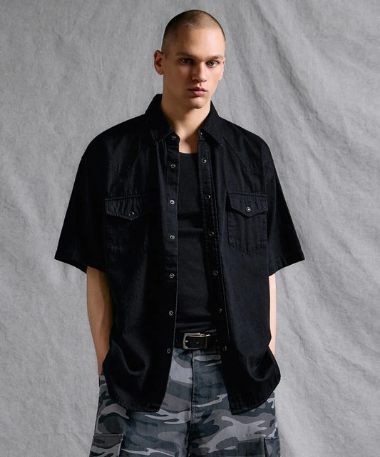 Denim Short Sleeve Western Shirt [Black]