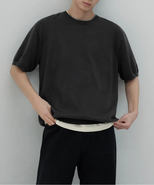 Washable Sufima Cotton Crew Neck Short Sleeve Knitwear [Dark Gray]