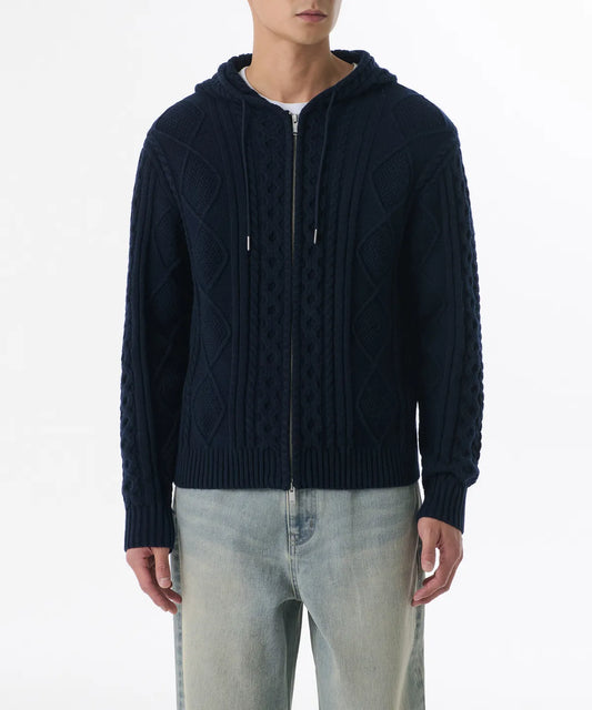 Aran Cable Knit Hooded Zip-Up [Navy]
