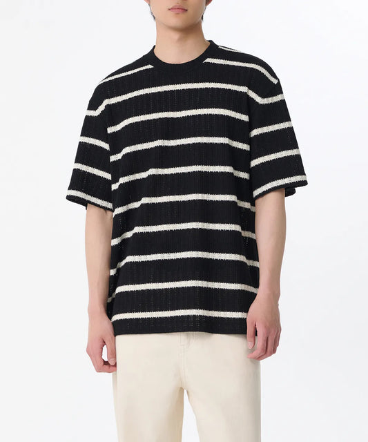Relaxed crocheted striped knitwear T-shirt [Black&Ivory]